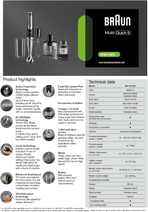 Braun MQ 9138XI MultiQuick 9 Hand Blender