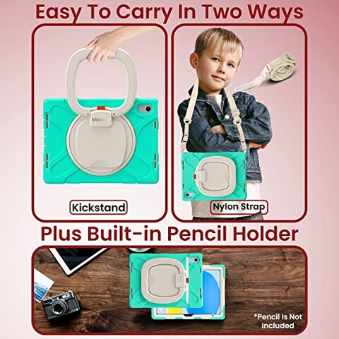Moxedo Shockproof Rugged Protective Colorful Case with 360 Rotating Kickstand, Shoulder Strap, Pen Holder for Kids Compatible for iPad 10th Generation 10.9 2022 (Mint Green)