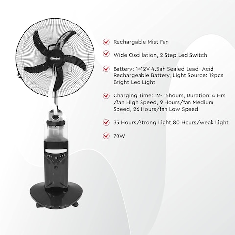 Nobel 16&quot; Fan Blade Rechargable Mist Standing Fan, Wide Oscillation With 4 Stack Bright LED 60 Hours Battery Life (Low Light), 30 Hours Battery Life (High Light) NF888MRC Black