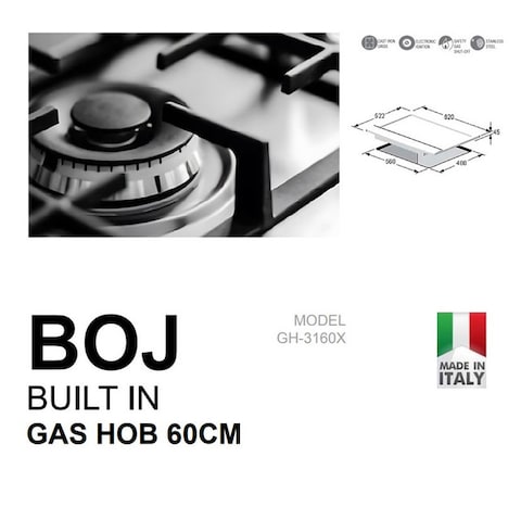 BOJ GH 3160XS, 4 Burner Built In Stainless Steel Gas HOB With Auto Ignition, Safety Device, 3 Gas Burners + 1 Triple Flame Burner, Cost-Iron Pan Support, Inox Capped Knobs, Silver, Size ( 60 x 60 )cm