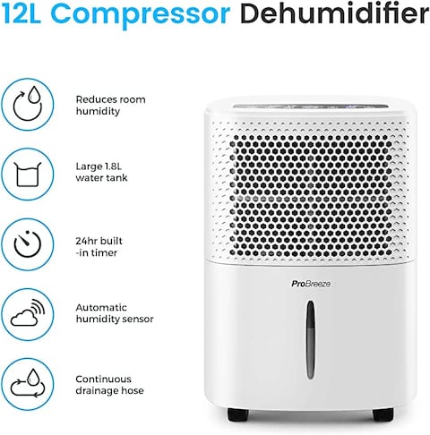 Pro Breeze 12L/Day Dehumidifier with Digital Humidity Display, Sleep Mode, Continuous Drainage, Laundry Drying and 24 Hour Timer - Ideal for Damp and Condensation, Quiet Mark Certified
