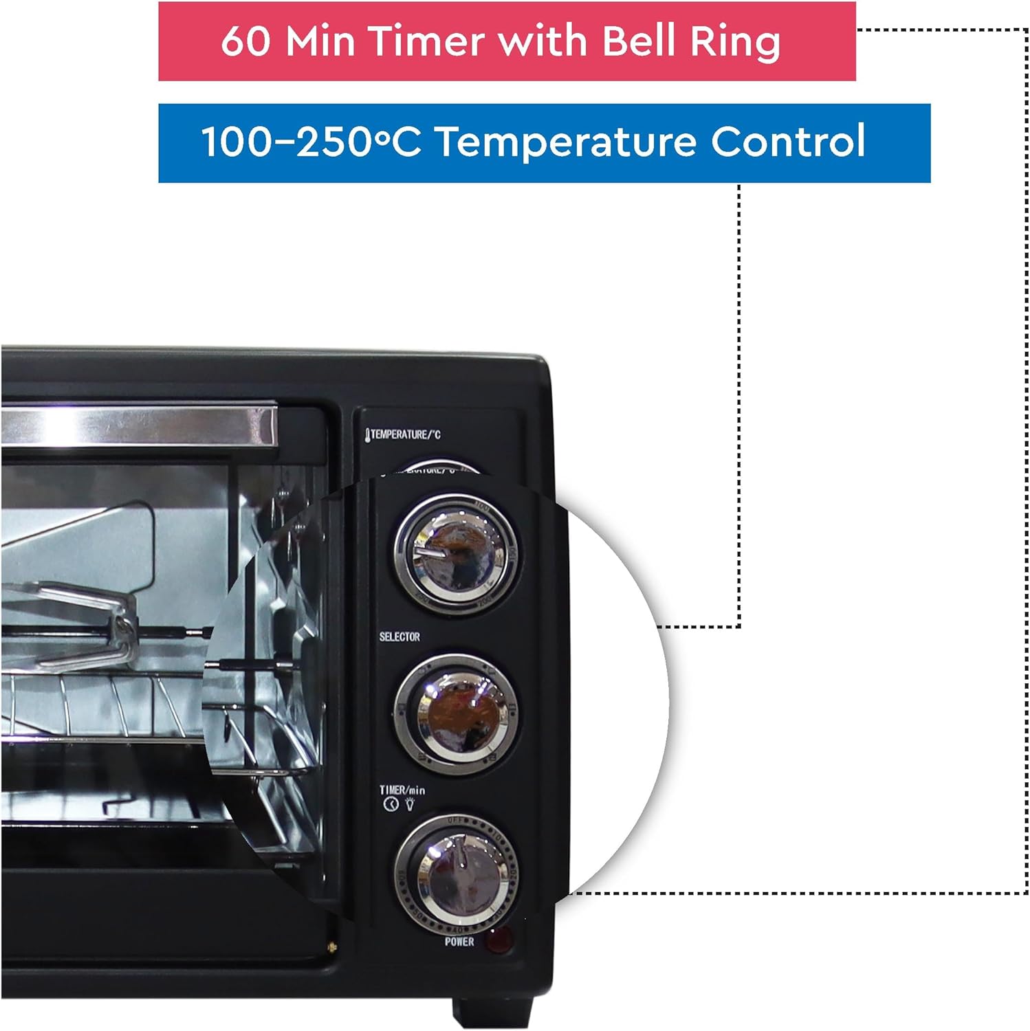 Nobel 35 Litres Electric Oven With 3 Knob Control &amp; 60 Minutes Timer With Bell, Rotisserie &amp; Inner Lamp, Heat Resistant Tempered Glass 1500W NEO36 Black