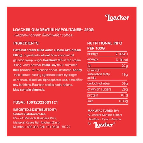 Loacker Quadratini Napolitaner Mini Wafer With Hazelnut Cream - 250 gm