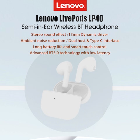 Lenovo-Black LivePods LP40 TWS Semi-in-ear Earphones BT 5.0 Headphones True Wireless Earbuds with Touch Control Hands-Free&nbsp;Call Stereo Sound Noise Canceling Waterproof Binaural Design Headsets&nbsp;with&nbsp;MI