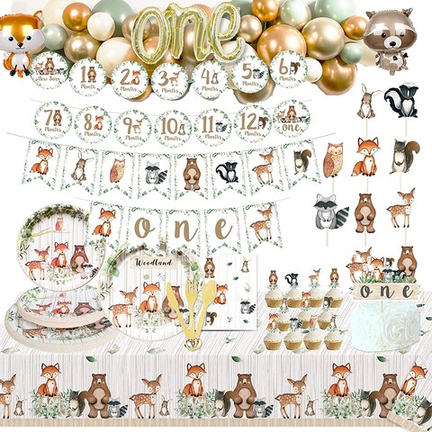 Heeton Woodland First Birthday Party Supplies Decorations Fox Balloon 1st One Banner Creatures Fawn Animal Friends Garland Backdrop Cake Cupcake Topper For Girl Boy