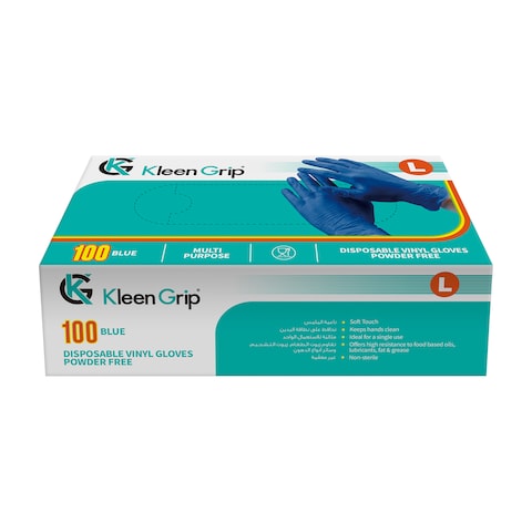 Kleen Grip 100 Blue Disposable Vinyl Gloves Powder Free Large