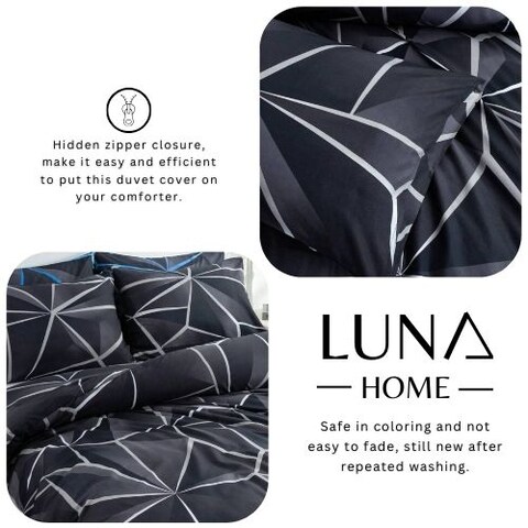 Luna Home Single Size 4 Pieces Black With Grey Geometric Design Duvet Cover Set