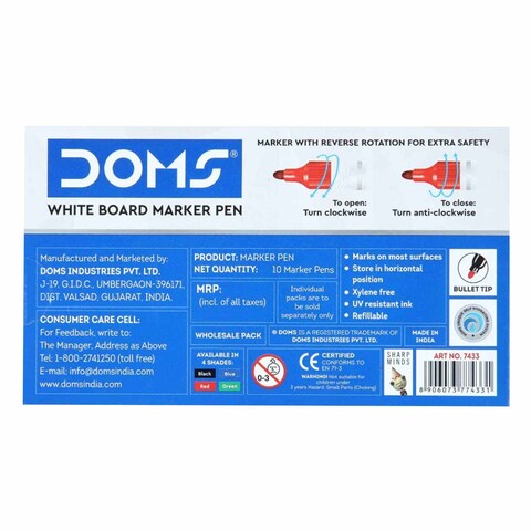 DOMS WHITE BRD MARKER PEN RED 10PK