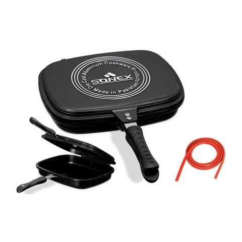 Sonex - Diecast Non-Stick Double Grill Pan, 30 cm, Marble Coated, Durable, Ergonomic Cool Handles, Extra Rubber Seal, Magnetic Lock, Korean Technology