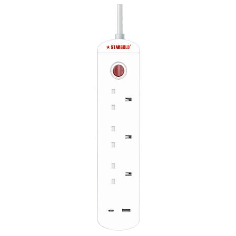 STARGOLD Multiple cord Extension Set Overload Protector Electric Charging Lead 3 Way Ac Output with 1 USB and 1 USB-C Port Anti-Fire 750⁰C, 13A 5M Long Power Cable Heavy Duty Charging Station- White