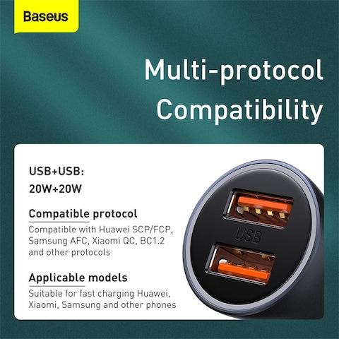 Baseus supports 4 fast charging Car charger Golden Contactor Pro car charger 2x USB QC SCP 40W Qualcomm Quick Charge 4.0 for iPhone 13 Pro/13 Pro Max/13 mini/12 Pro Max/11Pro Max iPad 9,6,S20 S10 Grey