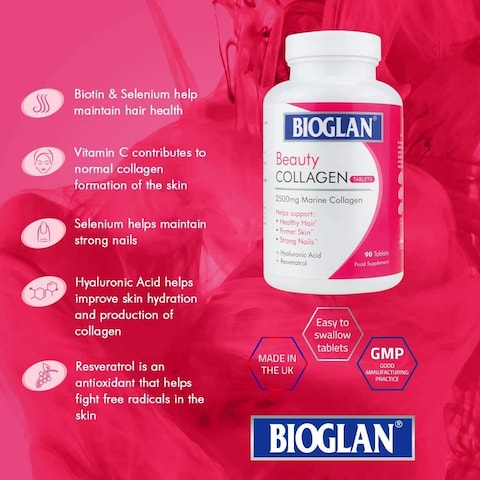 Bioglan Collagen Tablets, 2500Mg, Hydrolysed Marine Collagen  Hyaluronic Acid, Resveratrol, Biotin, Selenium &amp; Vitamin C, 90 Tablets