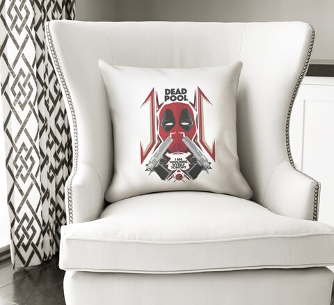 Loud Universe - Dead Pool Movie Scene White Throw Pillow with Stuffing Dead Pool Guns Home Office Decorative Pillow 16x16 inch