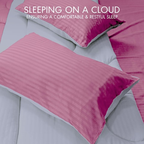 Hotel Linen Klub Reversible Down Alternative Comforter Set, Ultra Soft Brushed Stripe Microfiber Fabric, 200GSM Soft Fibersheet Filling, Size: Double 220 x 240cm, Pink &amp; Light Grey