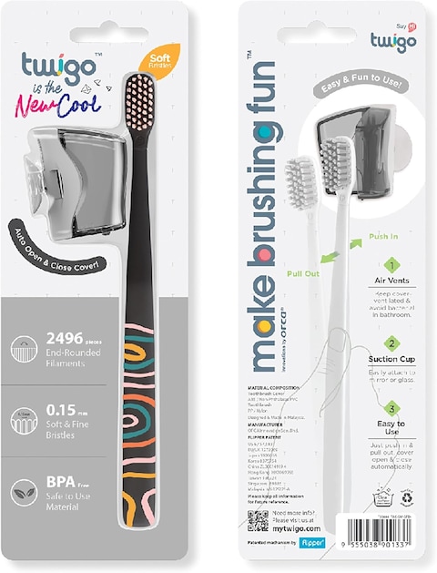 Flipper Toothbrush Cover &amp; Toothbrush Flp Twigo Basic Combo Pack, Soft Bristles, For Adults, Made In Malaysia, Smoke