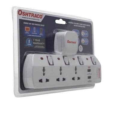 Oshtraco 3-Way Universal T-Socket With USB Port White
