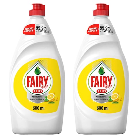 Fairy Plus Lemon Dishwashing Liquid Soap with alternative power to bleach 600ml Pack of 2