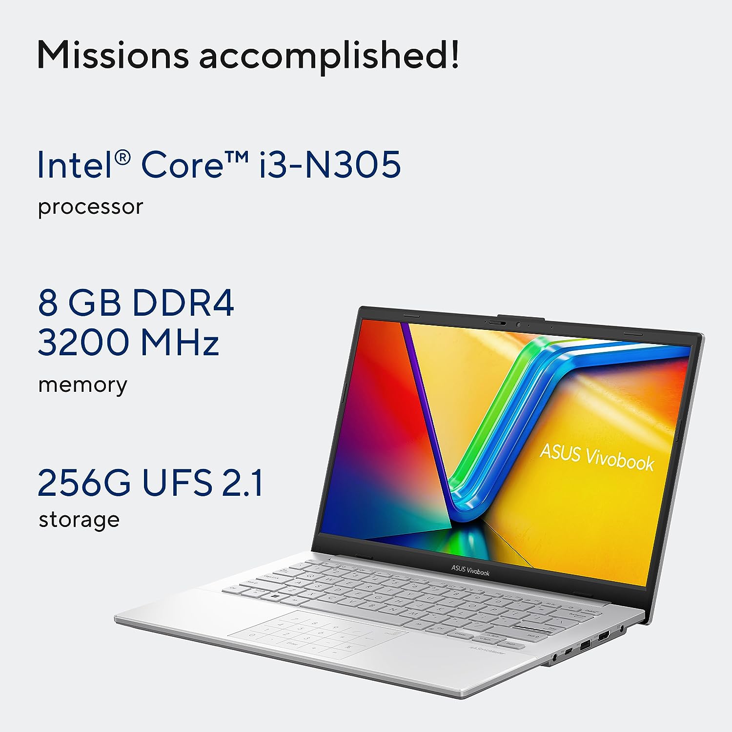 Asus Vivobook GO 14 E1404GA-NK039W, Slim Laptop, i3-N305, 8GB, 256G, UFS 2.1 SSD, Intel UMA, Win11 Home, 14-Inch, HD Webcam, Chiclet-Eng-Arb-KB, Cool Silver