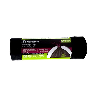 كارفور أكياس قمامة مناسبة للمهمات الشاقة و مزودة بحبل للشد، ذات حجم متوسط بسعة 50 غالونًا - أسود، حزمة من 20.