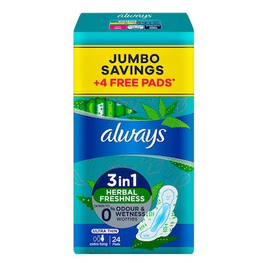 Always Ultra 3 In1 Herbal Fresh Ultra-Thin Extra Long Sanitary 24 Pads