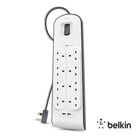 Belkin 8Port Power Extension Strip, 8 Way, 8 Plug Surge Protection Lead, 2Port 2.4A USB Charging Port (2m Cable).