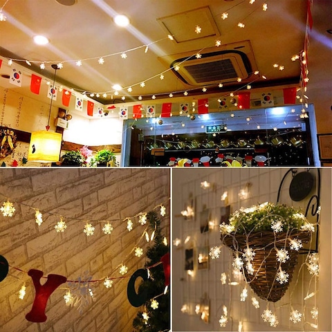 10M 100 LED Christmas Snowflake String Lights, Extendable for Holiday Party, Xmas Tree, New Year, Garden Decorations, Warm White