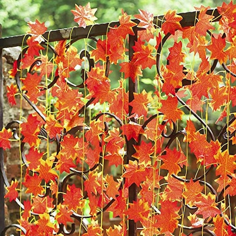 Artificial Maple Leaf Garland DIY Autumn Leaves Vine Fake Foliage Stairs Gardens Fencing Home Party Decoration(12 Strings,Each 2.2m)