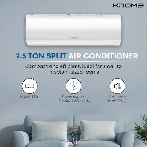 Krome 2.5 Ton AC, Split Air Conditioner With Advanced Rotary Compressor Technology, 30000 BTU, Low Noise, Environment Friendly R-410a, Smooth And Stable Operations, White, KR-AR30TT3