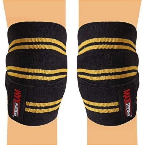 Max Strength Knee Wraps Weight Lifting Heavy Duty Elasticated Knee Support Straps Velcro Closure Home Gym Training Workout Black/Yellow