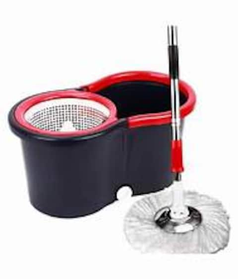 360 Degree Floor Black Spin Mop Bucket Set Spinning Rotating With Stainless steel Hnadle and 1 Cleaning Dry Heads, Color May Vary