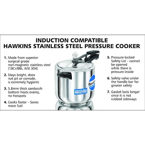 Hawkins  Stainless Steel Induction Compatible Base Pressure Cooker, 6 Litres, Silver