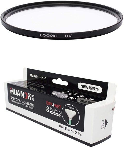 Coopic 62mm Uv Lens Protective Filter With 8Pcs Huanor Hn7 24mm Dry &amp; Wet Professional Ccd/cmos Swab Camera Sensor Cleaner For All Cameras