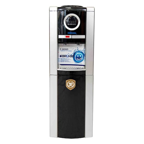 BRUHM Water Dispenser Hot &amp; Normal, Cabinet Compartment,2 Faucets,Safety Switch,Black &amp; Silver, - BWD HN11