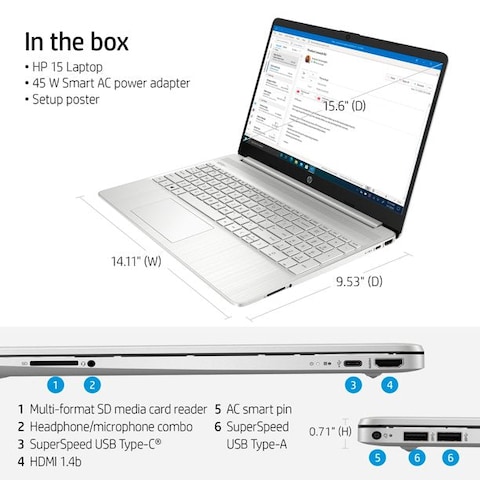 HP 15-DY2091WM Laptop 15.6 HD, Intel Core i3-1115G4, 8GB RAM, 256GB SSD, Intel UHD Graphics, Windows 10 S Home, Natural Silver