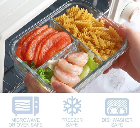 Atraux 3 Compartments Airtight Glass Food Storage Containers, Meal Prep Lunchboxes With Green Lids - 960ml (Pack Of 6)