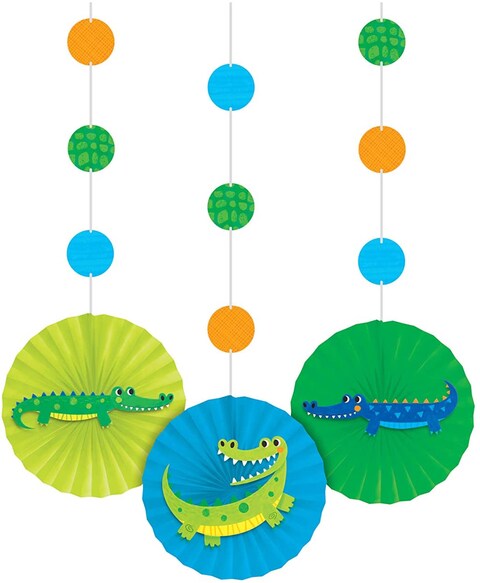 Creative Converting Alligator Hanging Paper Fan for Party Decoration 3-Pieces- 36 Inch x 8 Inch Size- Green