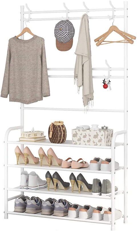 Generic Showay Coat Rack Shoe Rack, Storage Shelf With 4-Tier Shoe Organize, Clothes Rack With 8 Hooks Hanging, Entryway Hall Trees Hanging And Storage (White)