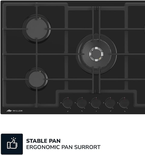 MILLEN MGHG 9001 BL 90 cm Built-in 5 Burners Gas Hob - Glass Finish, 12100 Watts, Mechanical and Electronic Ignition Control, 3 Year Warranty