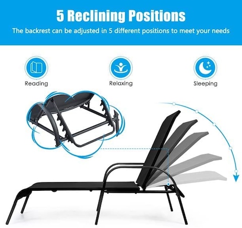 Yulan Outdoor Adjustable Reclining Patio Chaise Lounge, Gray And Black, 627
