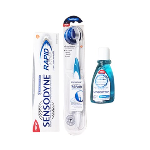 Sensodyne Multi Care And Whitening Toothpaste With Toothbrush And Mouthwash 50ML Travel Pack 3 Pieces