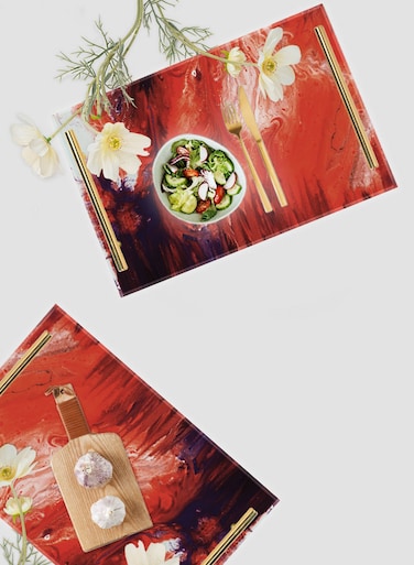 Lowha Decorative Acrylic Serving Tray With Gold Metal Handles And Inspired Drawing Design 20x30 cm