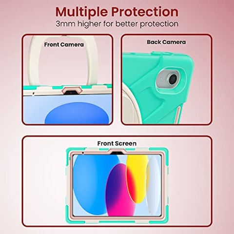 Moxedo Shockproof Rugged Protective Colorful Case with 360 Rotating Kickstand, Shoulder Strap, Pen Holder for Kids Compatible for iPad 10th Generation 10.9 2022 (Mint Green)