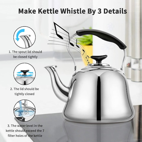 HTH Whistling Tea Kettle Stovetop, Stainless Steel, Mirror Finish, 3L