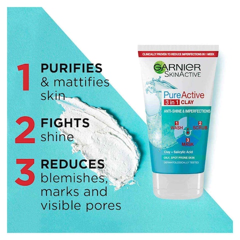 Garnier Skinactive Pure Active 3in1 Wash - Scrub And Mask - 150 Ml