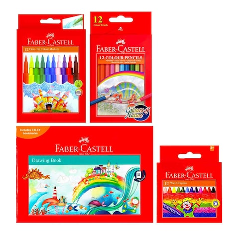 Faber-Castell Drawing Book with Colour Pencils 12 PCS Felt Pens 12 PCS and Crayons 12 PCS