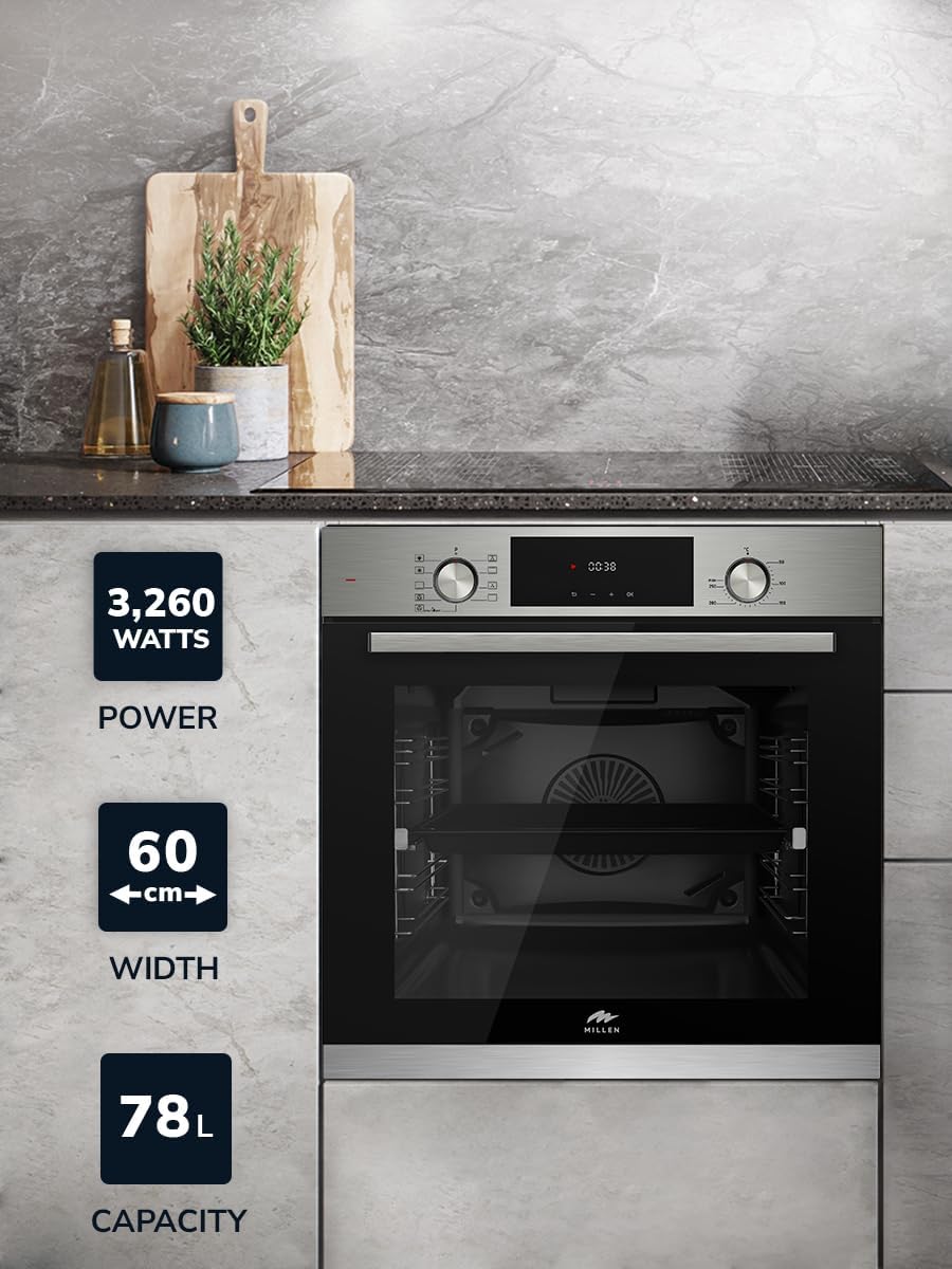 MILLEN MEO 6003 IX 78L Electric Oven - Energy Class A, 9 Cooking Modes, 60 cm, SCHOTT Double Glass Door, Glass finish, Mechanical and Touch Control with Timer, 3 Year Warranty