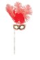 Deluxe Eye Mask Wtih Feathers And Stick-Red