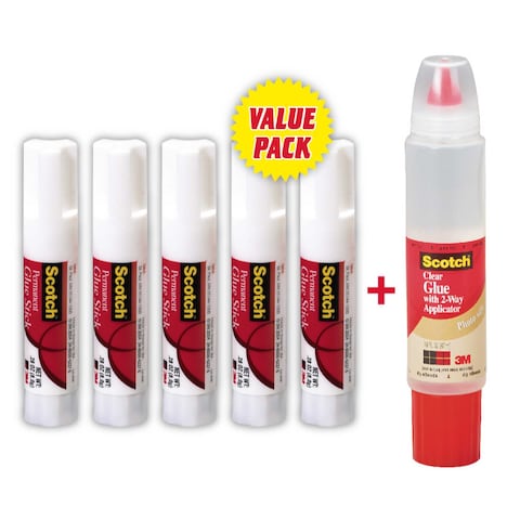 3M Scotch Permanent Glue Stick White 20g 5 PCS and Clear Glue with 2-Way Applicator Clear