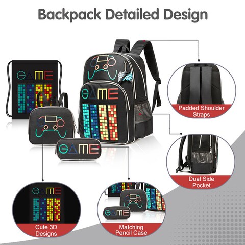 Eazy Kids 17&quot; Set of 4 School Bag with Lunch Bag, Activity Bag and Pencil Case Gen Z Gamer - Black