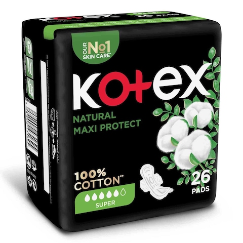 Kotex Natural Maxi Protect Thick Pads 100% Cotton Pad Super Size with Wings 26 Sanitary Pads